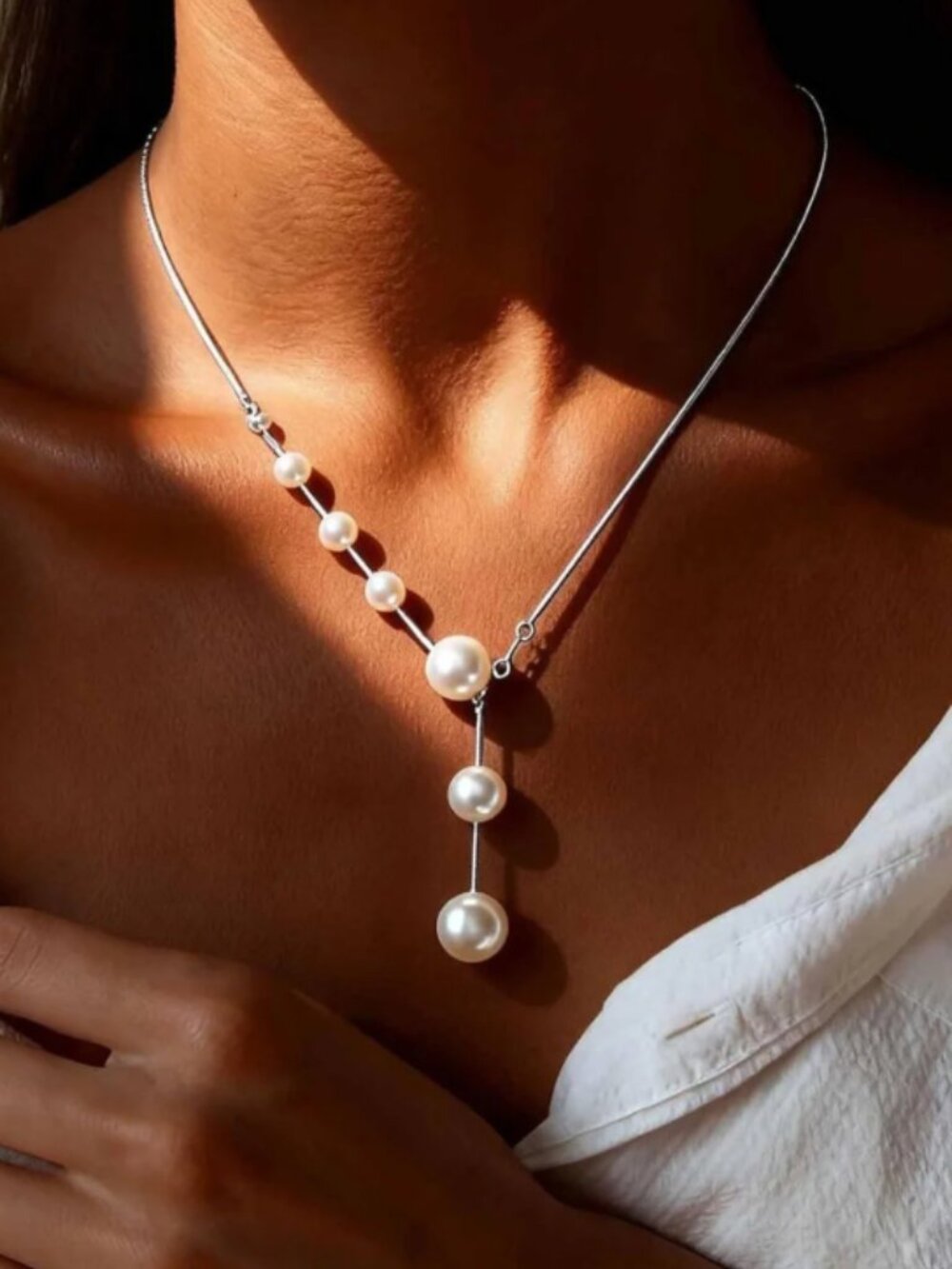 Elegant Silver Tone Pearl Y Necklace – Dainty Pearl Drop Lariat Necklace